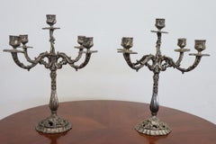 Italian Pair of 5-arm Silvered Metal Candlesticks