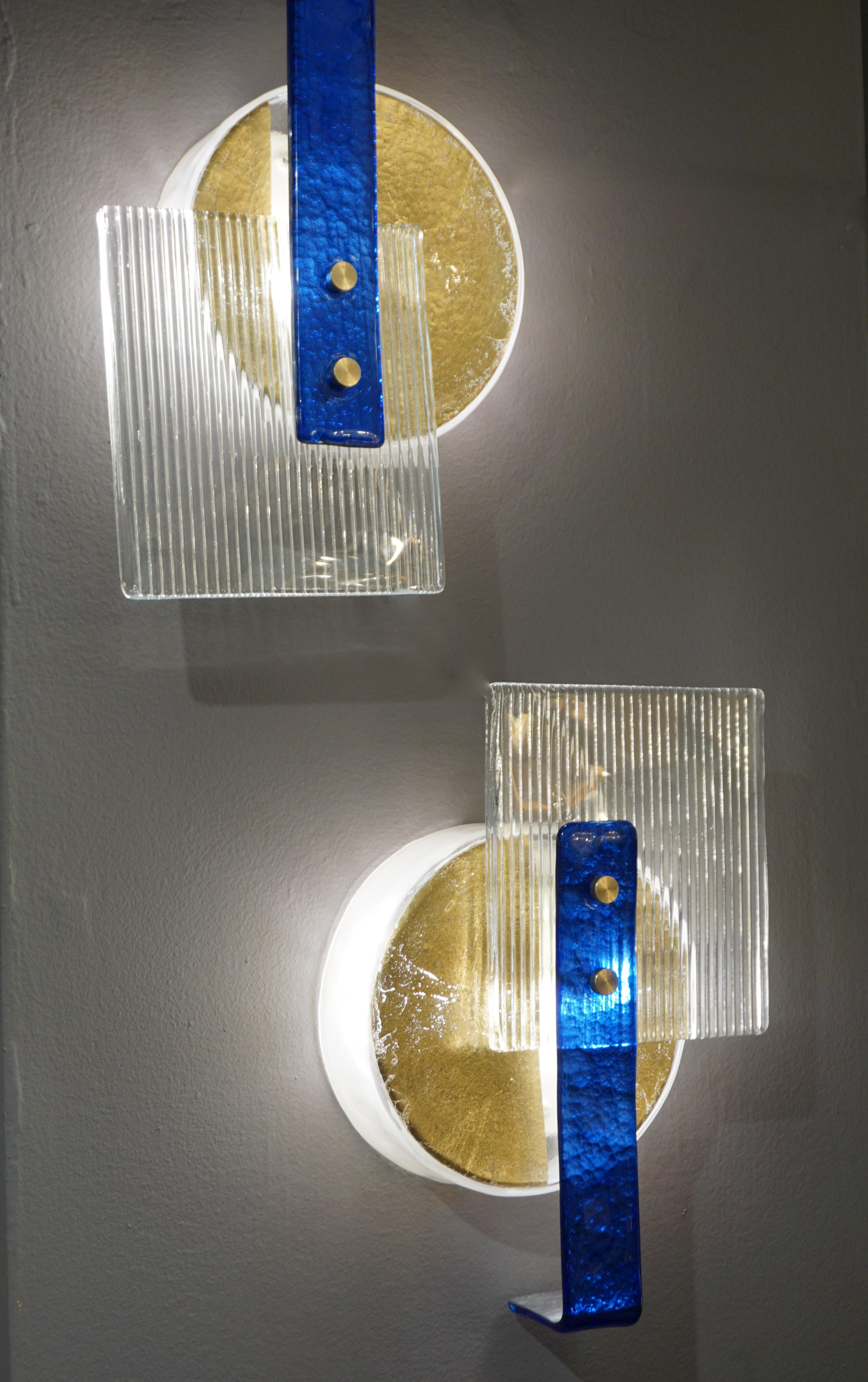 Italian Pair of Abstract Modern Gold Sapphire and Crystal Murano Glass Sconces 5