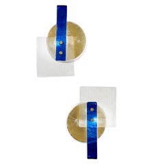 Italian Pair of Abstract Modern Gold Sapphire and Crystal Murano Glass Sconces