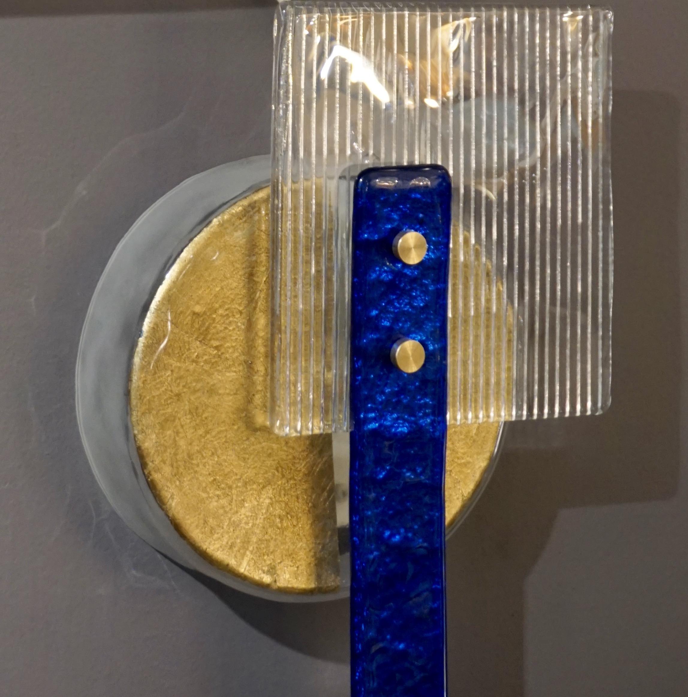Paar abstrakte moderne italienische Wandleuchter aus Gold-Saphir- und Kristall-Muranoglas im Angebot 5