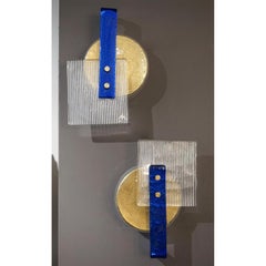 Italian Pair of Abstract Modern Gold Sapphire and Crystal Murano Glass Sconces
