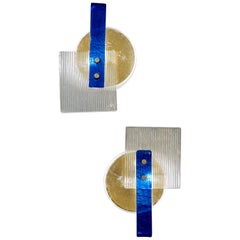 Paire d'appliques modernes abstraites italiennes en verre de Murano en or, saphir et cristal