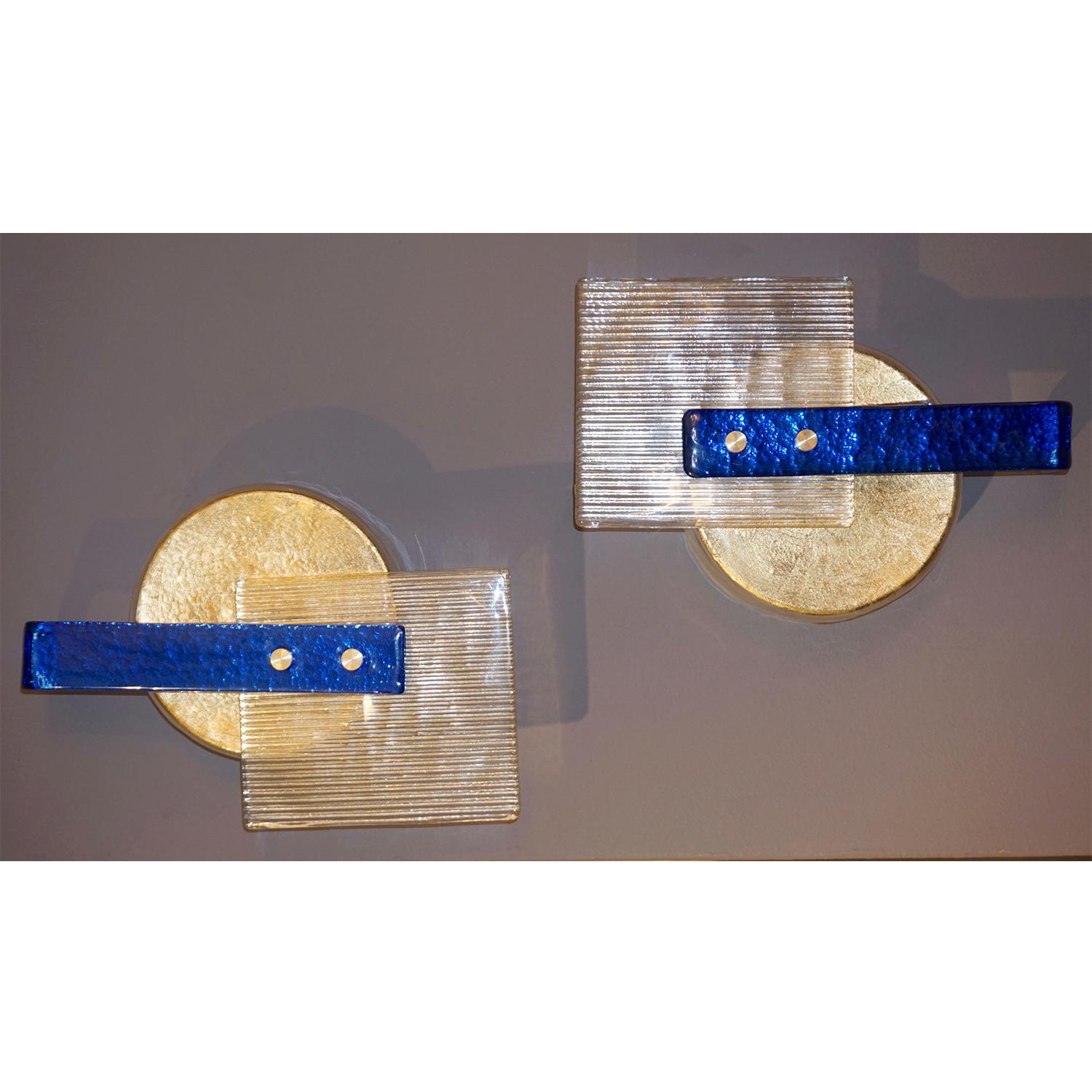 Organic Modern Italian Pair of Abstract Modern Gold Sapphire and Crystal Murano Glass Sconces For Sale