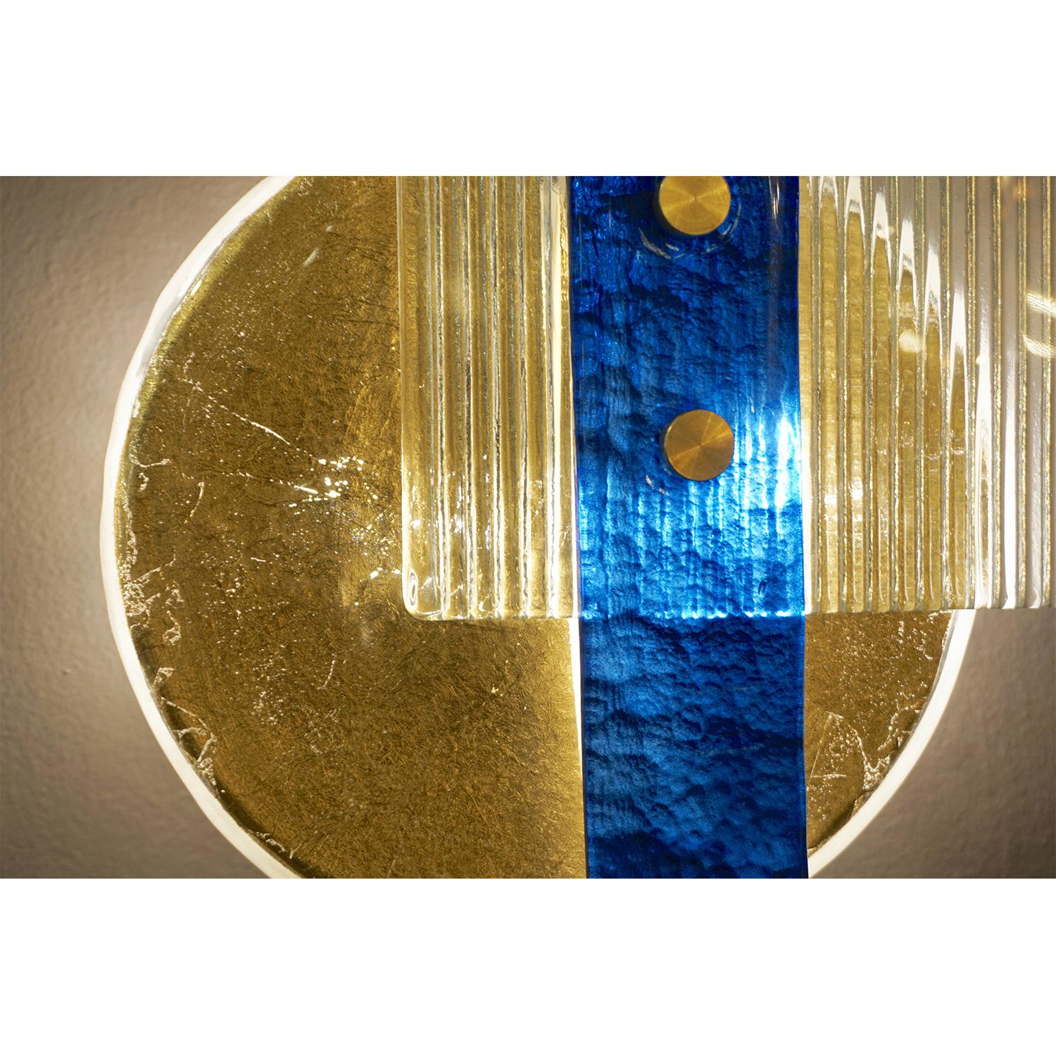 Italian Pair of Abstract Modern Gold Sapphire and Crystal Murano Glass Sconces For Sale 2