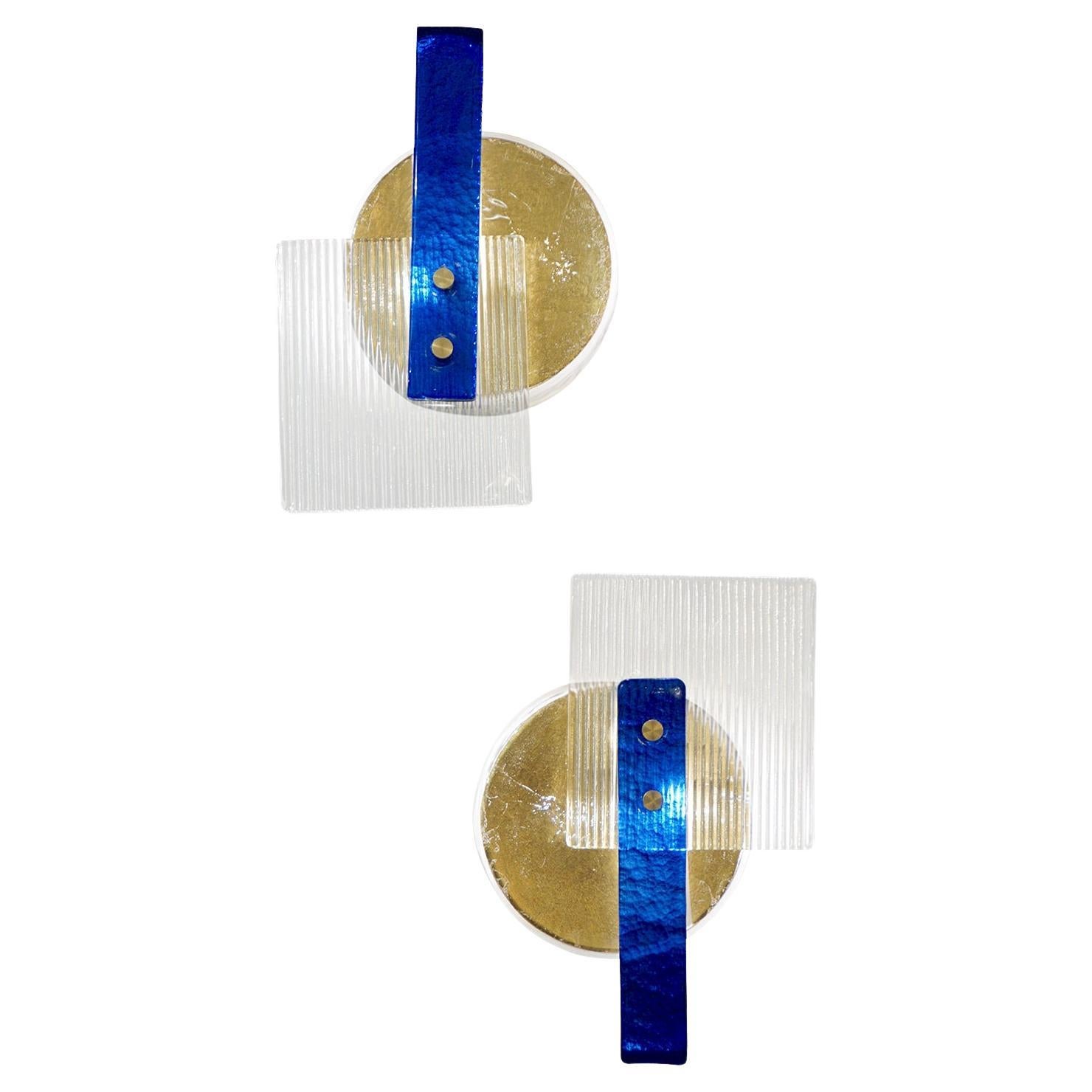 Italian Pair of Abstract Modern Gold Sapphire and Crystal Murano Glass Sconces For Sale