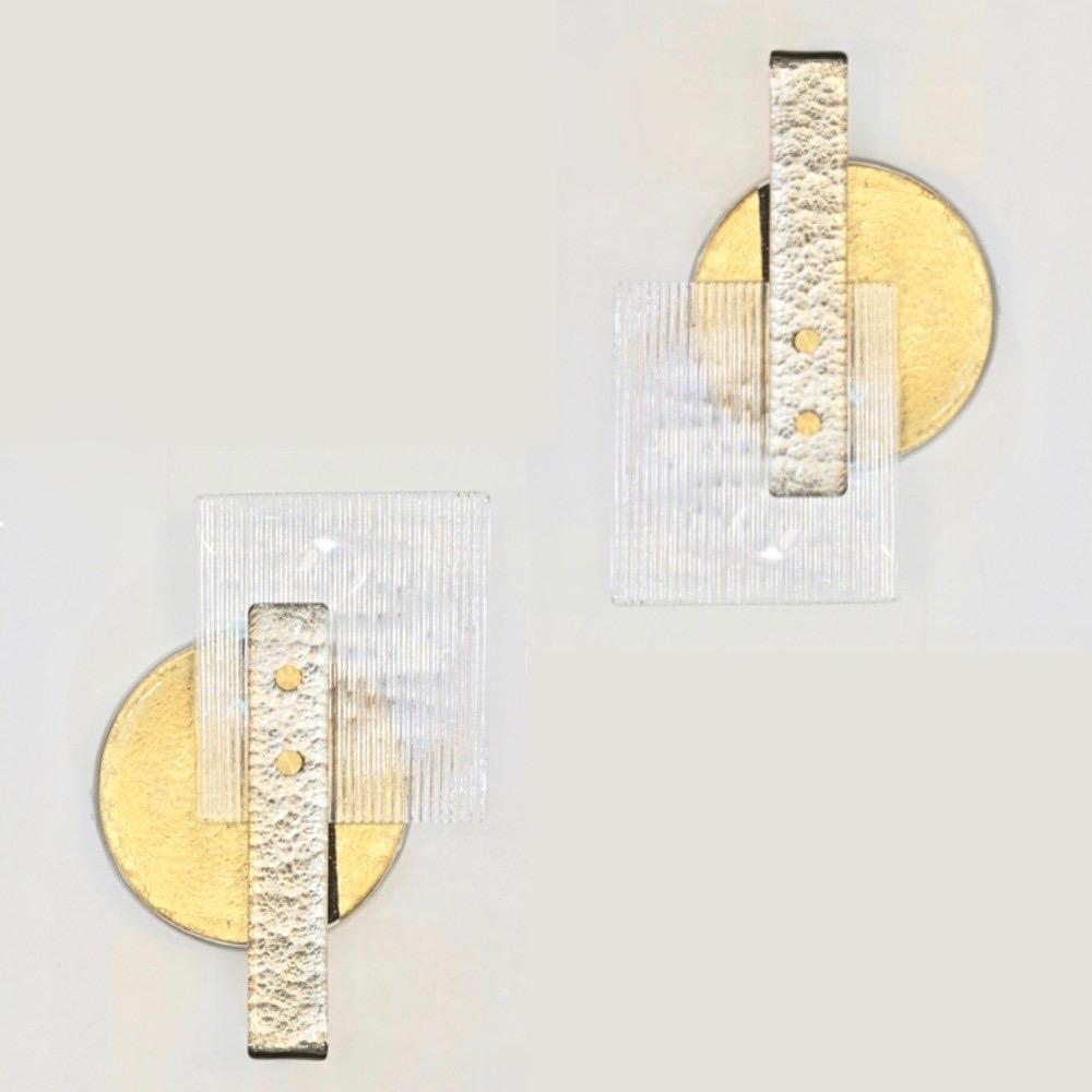 Contemporary Venetian pair of elegant modernist geometric wall lights/ flush mounts, abstract sculpture Design, entirely handcrafted and cleverly composed of three sophisticated textured Murano Art glass pieces: an L-shape glass element worked with