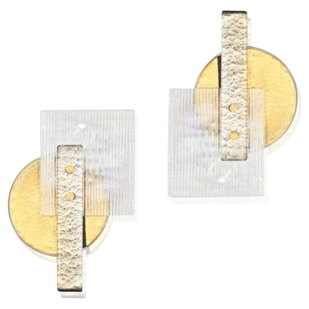 Italian Pair of Abstract Modern Gold Silver and Crystal Murano Glass Sconces For Sale