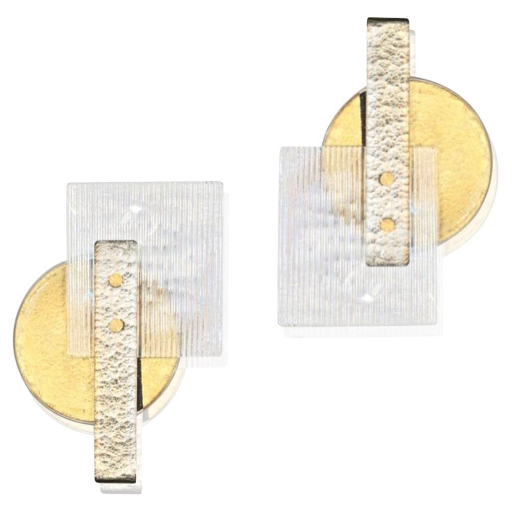 Paire d'appliques modernes abstraites italiennes en verre de Murano en or:: argent et cristal en vente