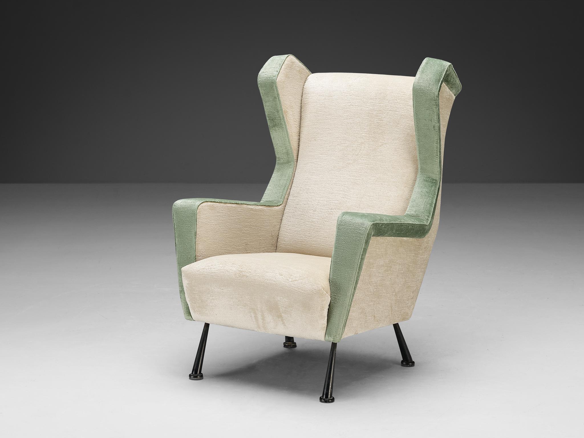 Mid-Century Modern Italian Pair of Angular Lounge Chairs in Pierre Frey Velvet Upholstery For Sale