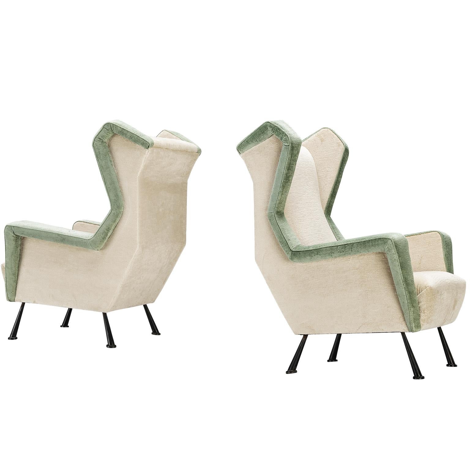 Italian Pair of Angular Lounge Chairs in Pierre Frey Velvet Upholstery For Sale