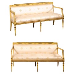 Italian Pair of Antique Carved-Wood and Upholstered Sofa Benches, 5.25 Ft