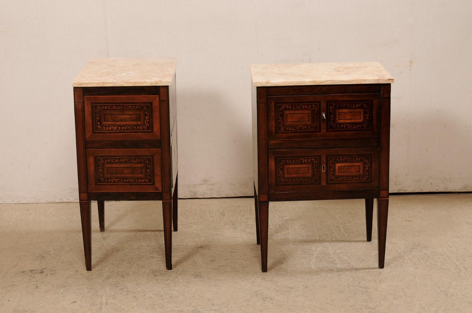Wood Italian Pair of Antique Neoclassic-Style Petite-Sized Comodini w/Marble Top