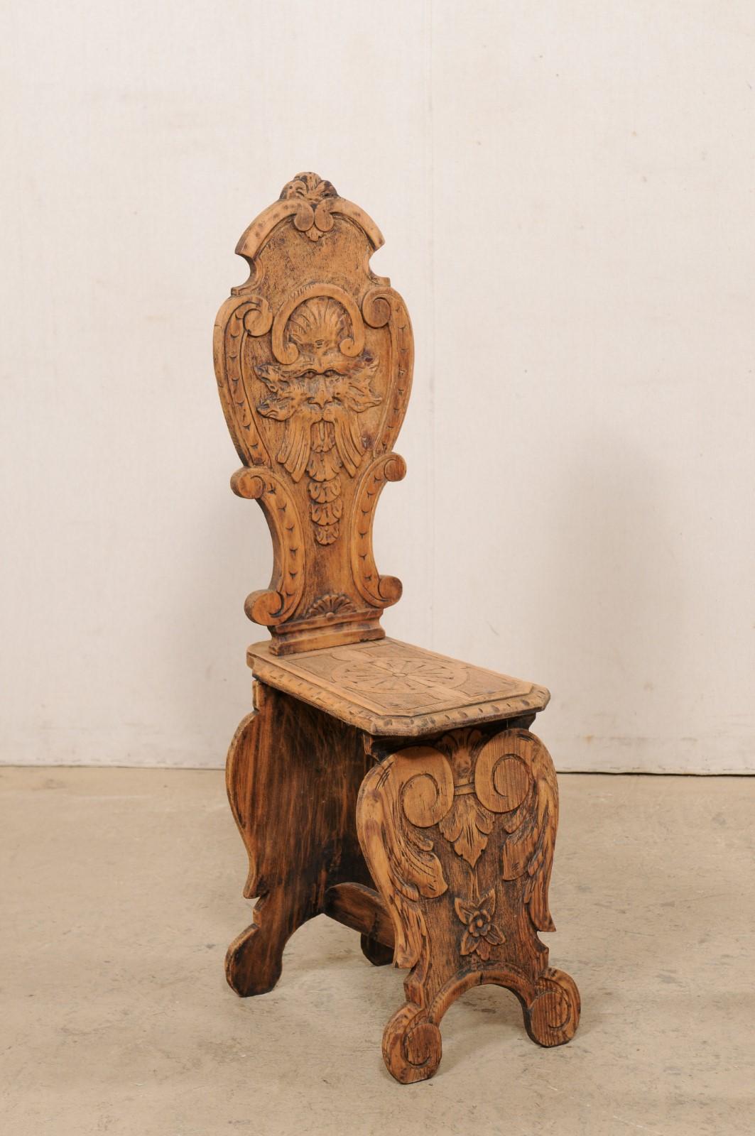 Italian Pair of Antique Renaissance Style Sgabelli Carved-Wood Hall Chairs In Good Condition In Atlanta, GA
