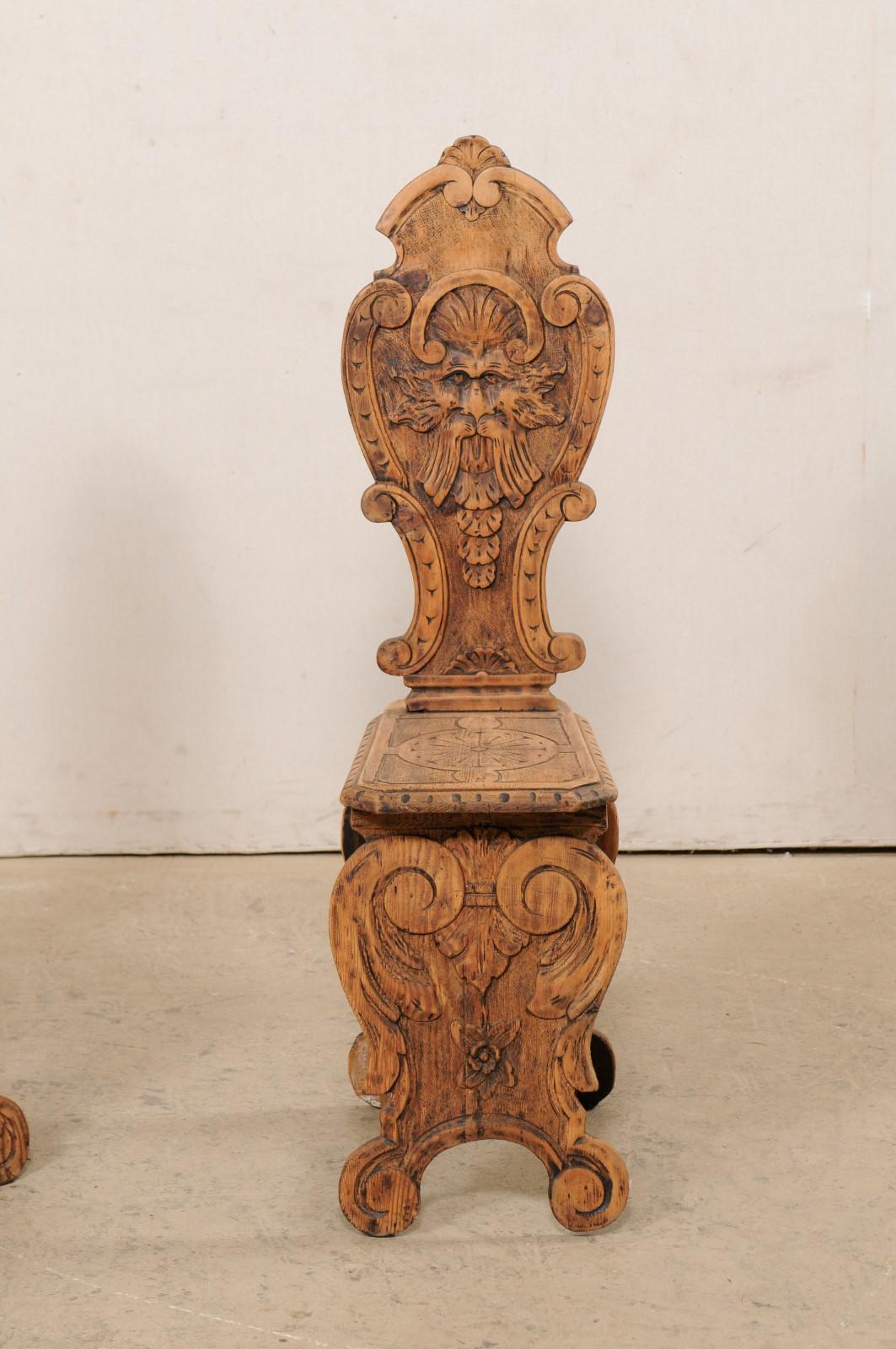 19th Century Italian Pair of Antique Renaissance Style Sgabelli Carved-Wood Hall Chairs