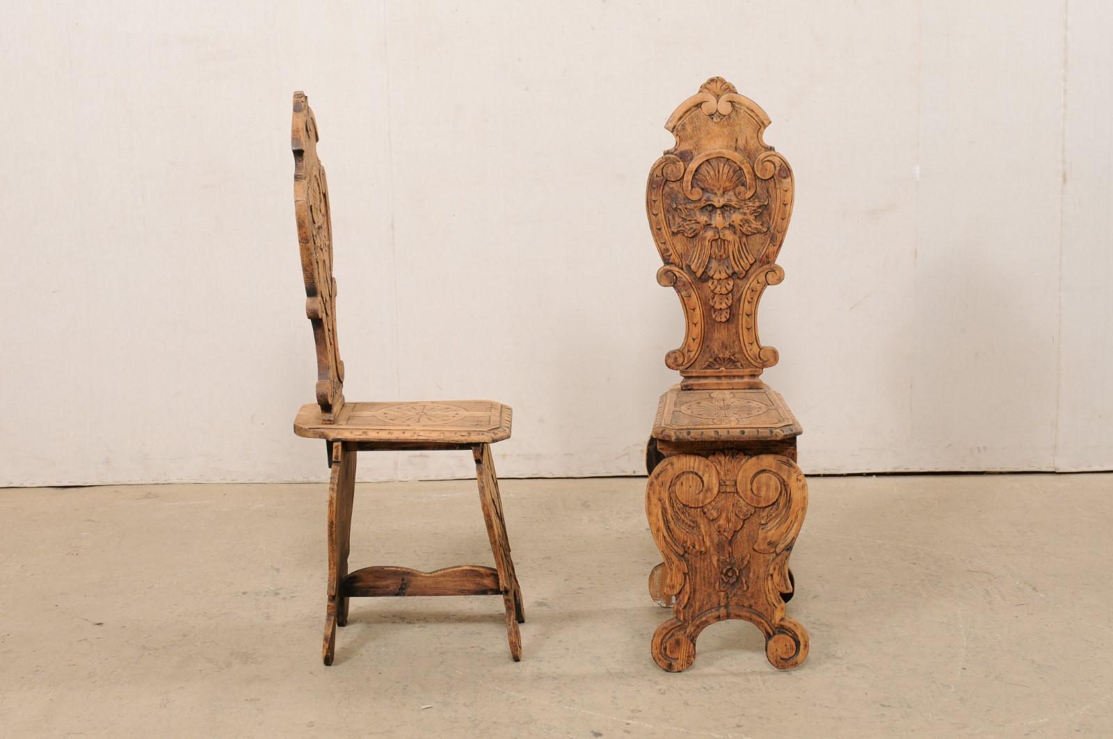 Italian Pair of Antique Renaissance Style Sgabelli Carved-Wood Hall Chairs 1