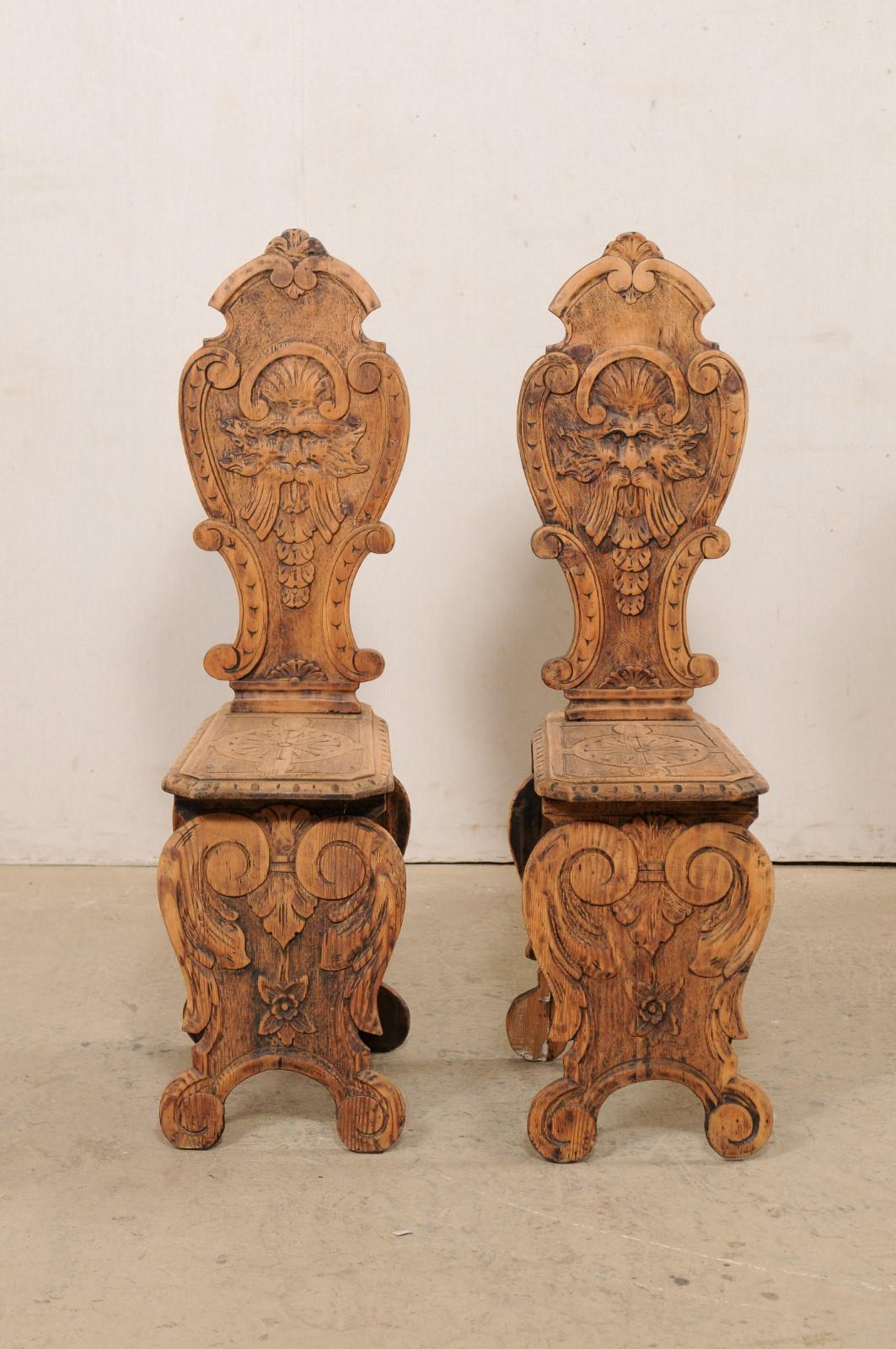 Italian Pair of Antique Renaissance Style Sgabelli Carved-Wood Hall Chairs 5