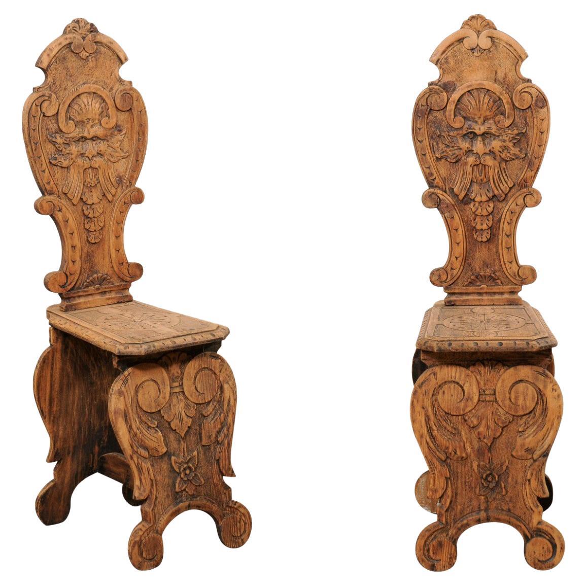 Italian Pair of Antique Renaissance Style Sgabelli Carved-Wood Hall Chairs