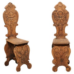 Italian Pair of Antique Renaissance Style Sgabelli Carved-Wood Hall Chairs