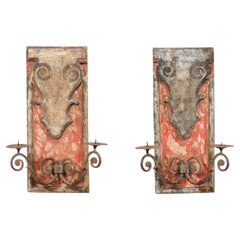 Italian Pair of Antique Wall Mounted Candle Sconces (Wood Plaques w/Iron Arms)