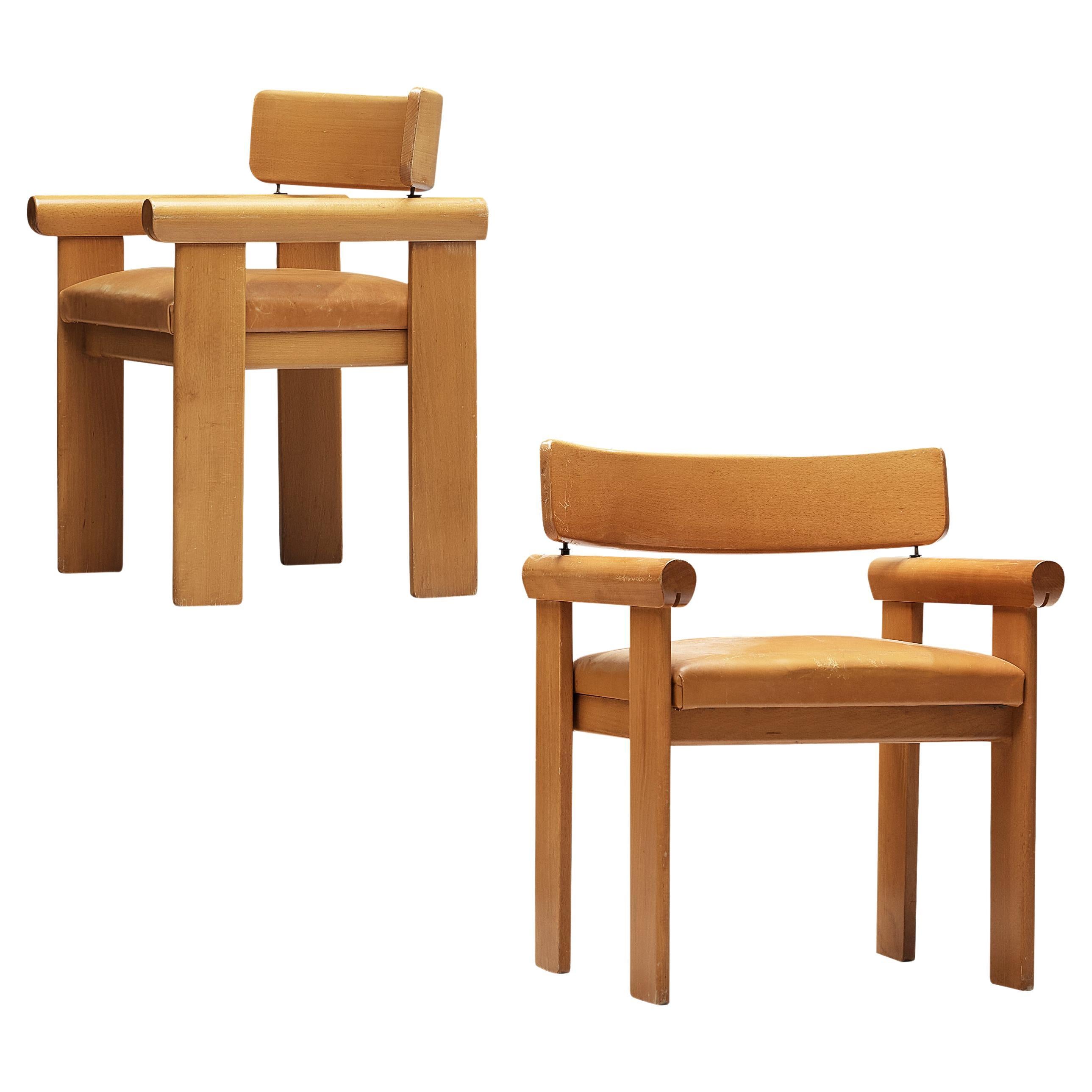 Italian Pair of Architectural Armchairs in Cognac Leather