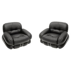 Italian Pair Of Armchairs by Adriano Piazzesi Okay Black Leather and Steel 