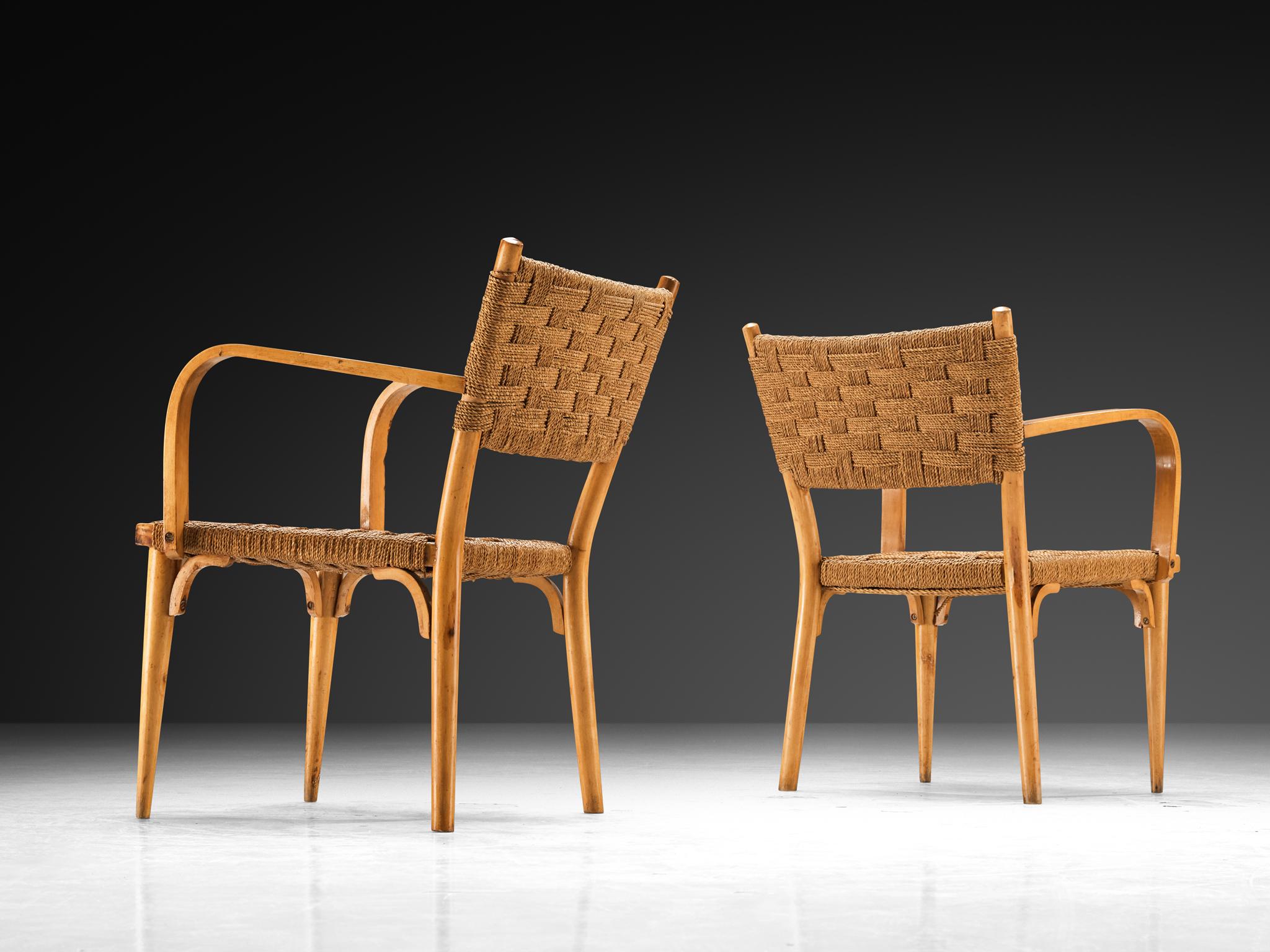 Mid-Century Modern Italian Pair of Armchairs in Braided Straw and Blonde Wood For Sale