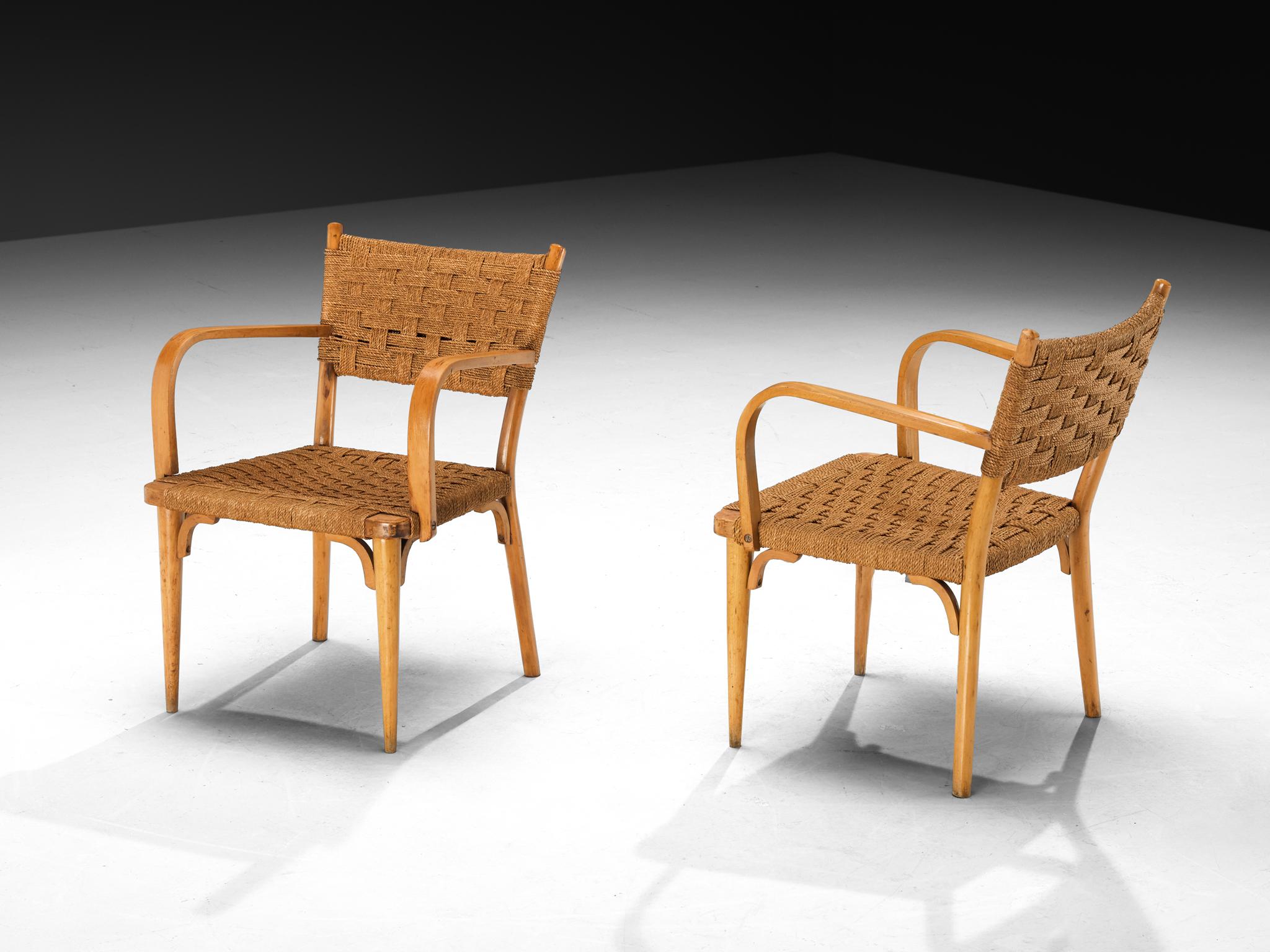 Italian Pair of Armchairs in Braided Straw and Blonde Wood In Good Condition For Sale In Waalwijk, NL