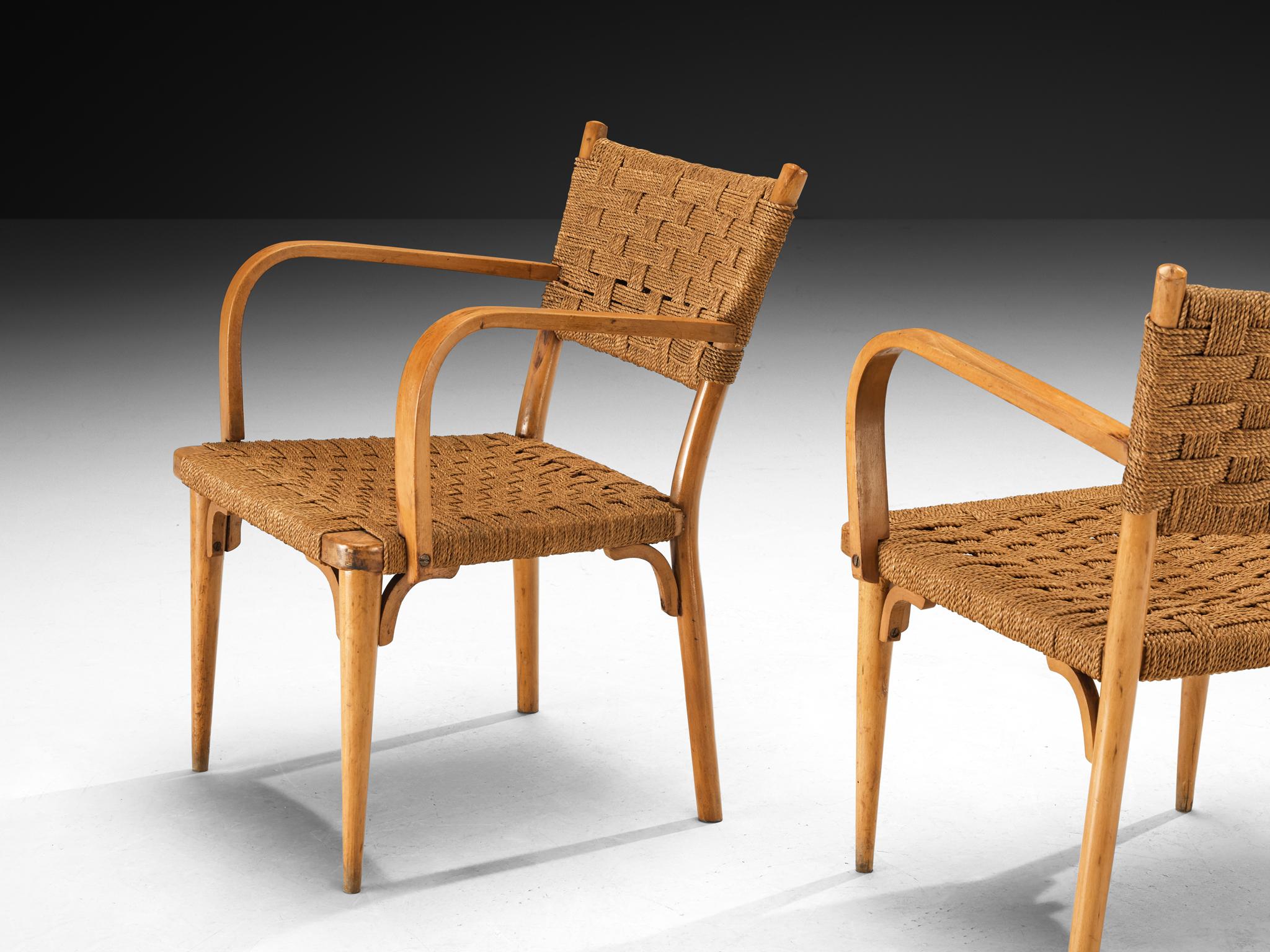 Mid-20th Century Italian Pair of Armchairs in Braided Straw and Blonde Wood For Sale