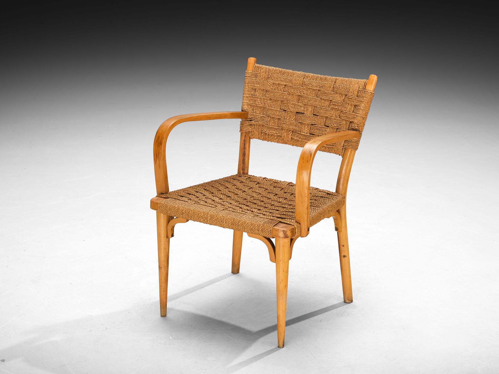Italian Pair of Armchairs in Braided Straw and Blonde Wood For Sale 1