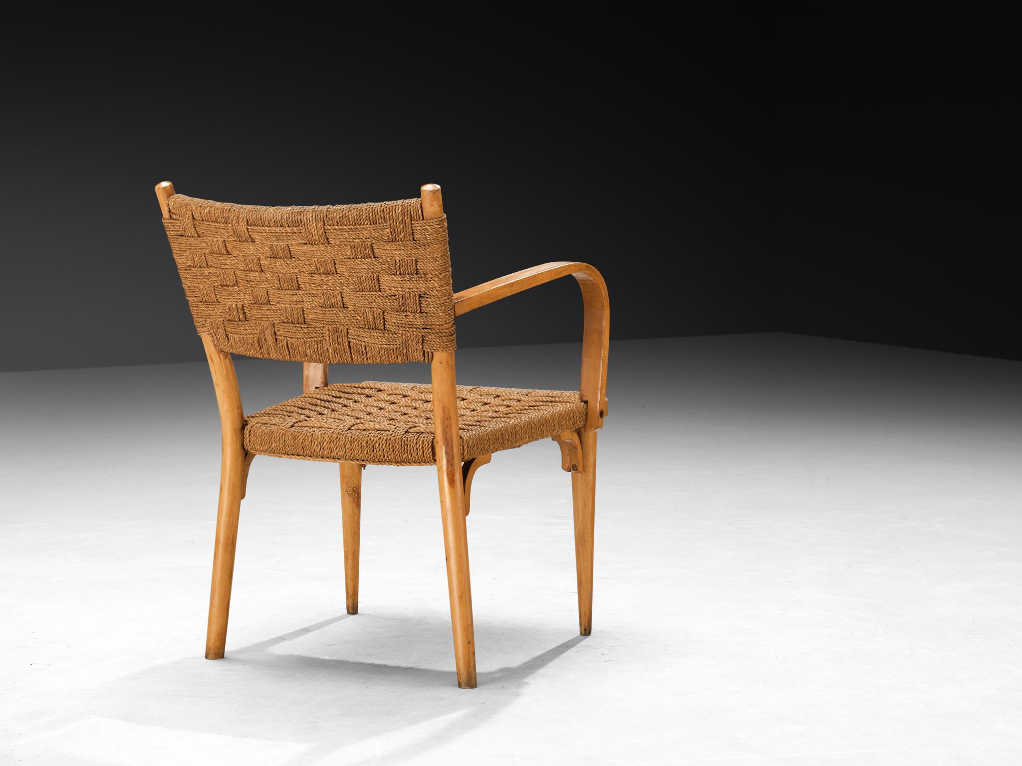 Italian Pair of Armchairs in Braided Straw and Blonde Wood For Sale 2