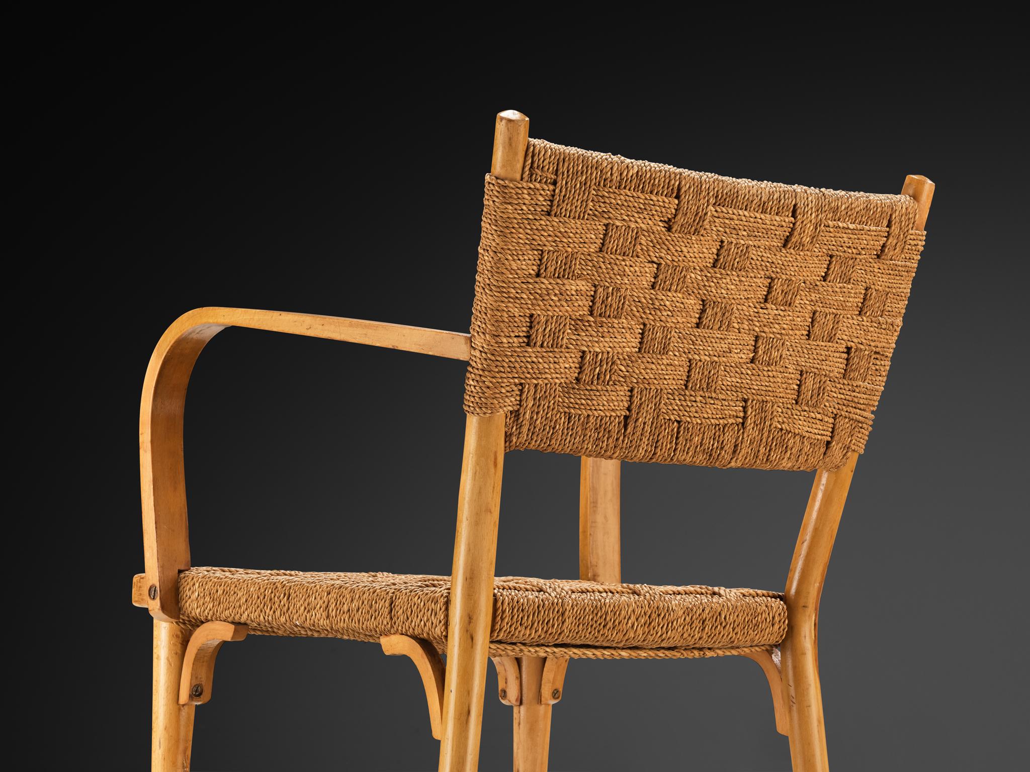 Italian Pair of Armchairs in Braided Straw and Blonde Wood For Sale 4