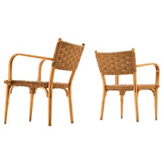 Italian Pair of Armchairs in Braided Straw and Blonde Wood