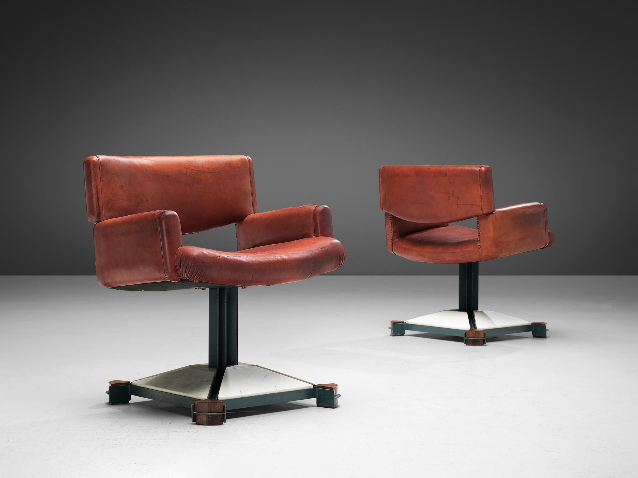 Pair of armchairs, marble, lacquered iron, leather, walnut, Italy, 1970s.

Striking conference or dining chairs, each exuding a postmodern charm that seamlessly blends boldness with elegance. The design captivates with its striking geometry,