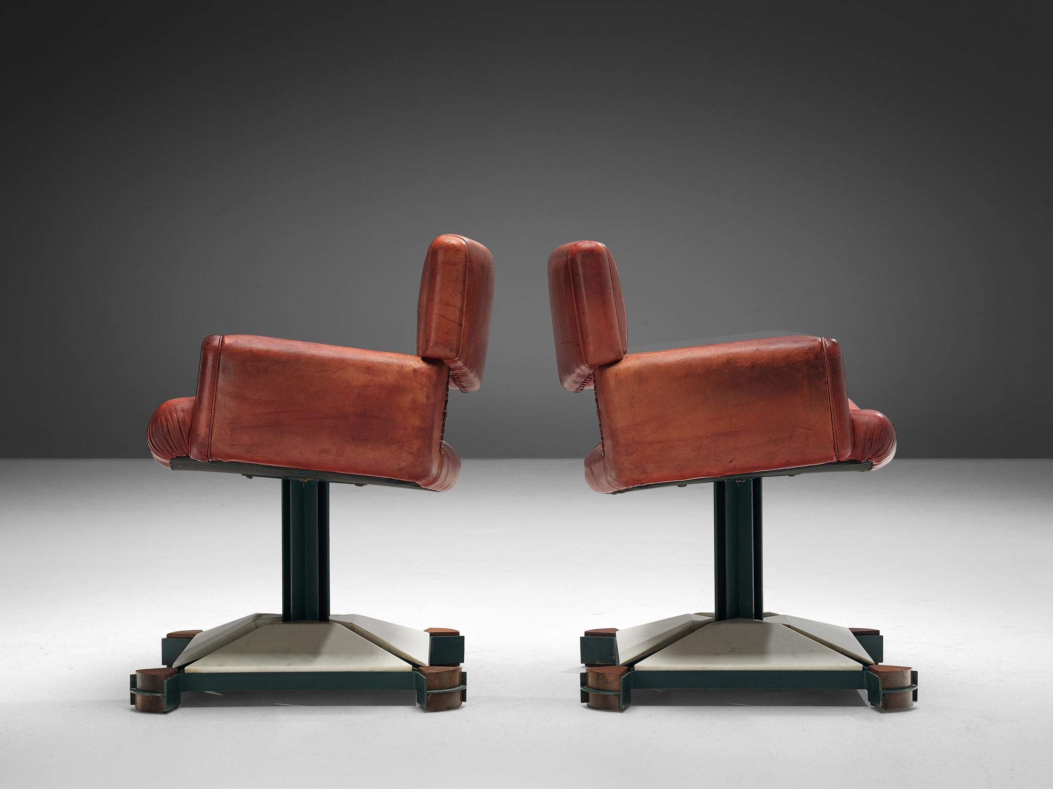 Italian Pair of Armchairs in Marble and Red Leather In Good Condition For Sale In Waalwijk, NL