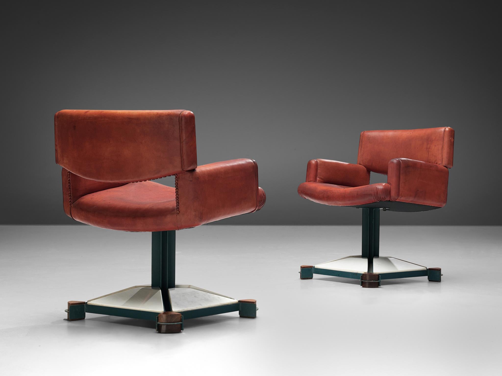 Italian Pair of Armchairs in Marble and Red Leather For Sale 2