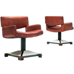 Italian Pair of Armchairs in Marble and Red Leather