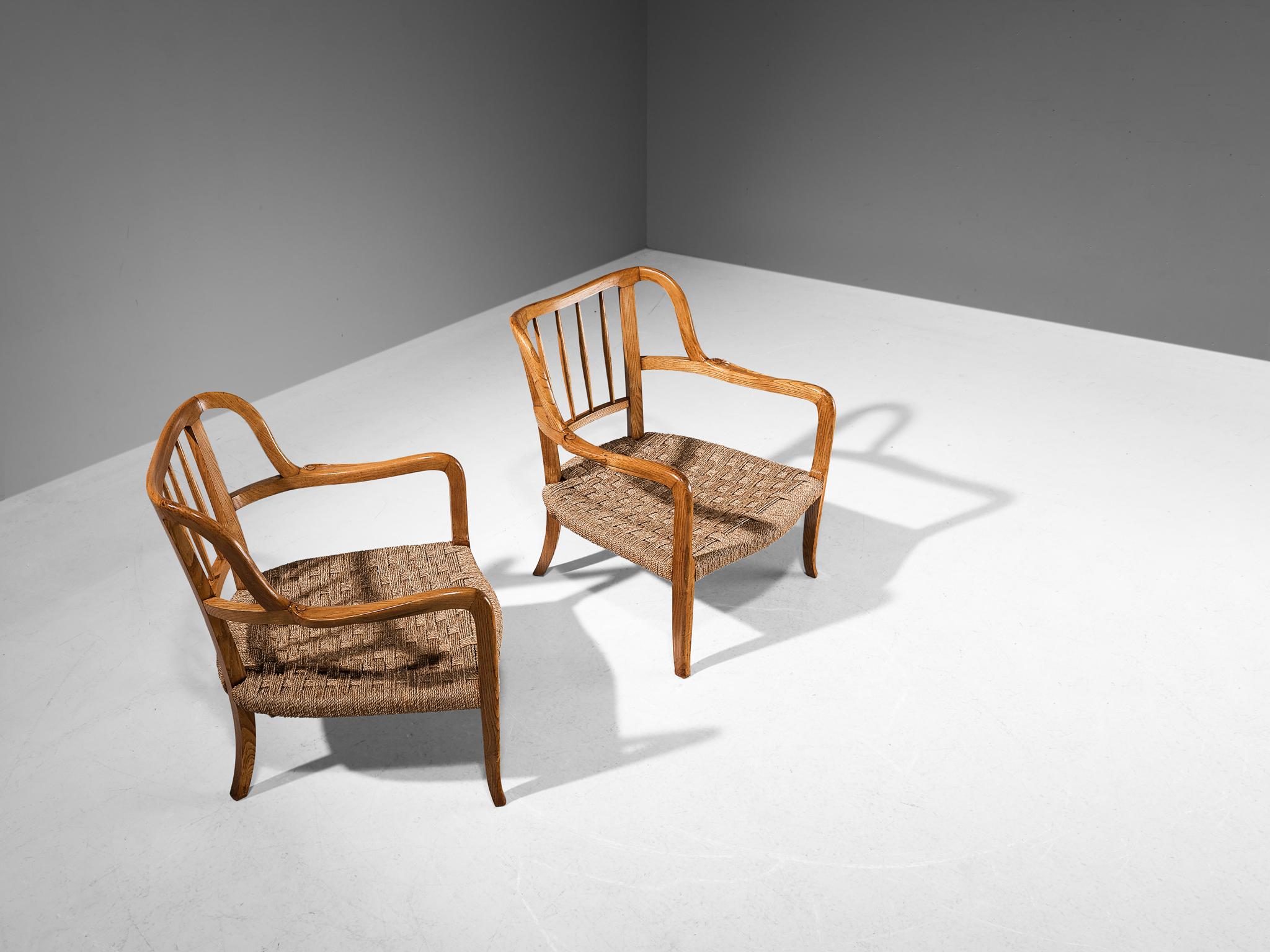 Italian Pair of Armchairs in Oak and Braided Straw  3