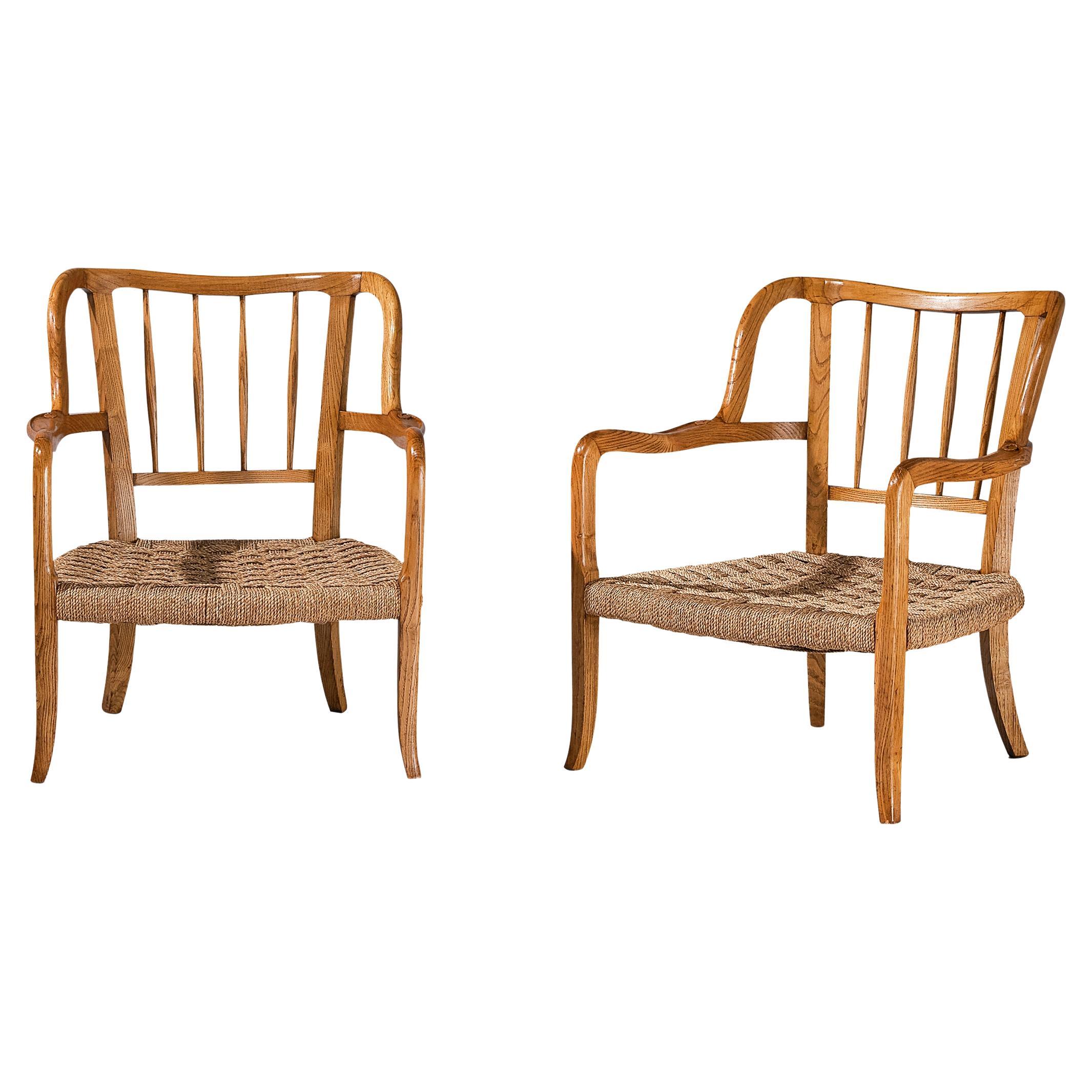 Italian Pair of Armchairs in Oak and Straw 