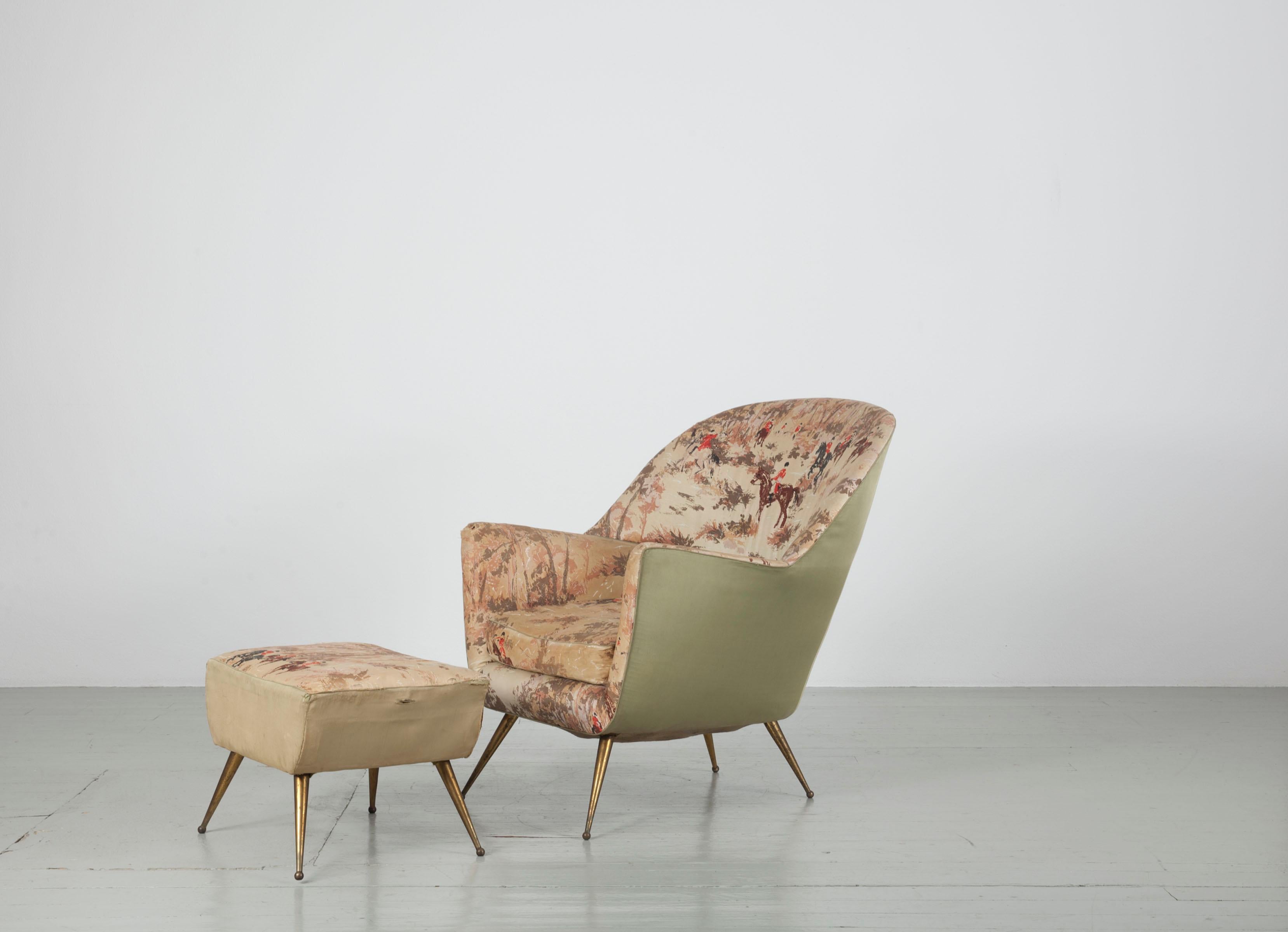 Italian Pair of Armchairs with Brass Legs and a Footrest, ISA Bergamo, 1950s 5
