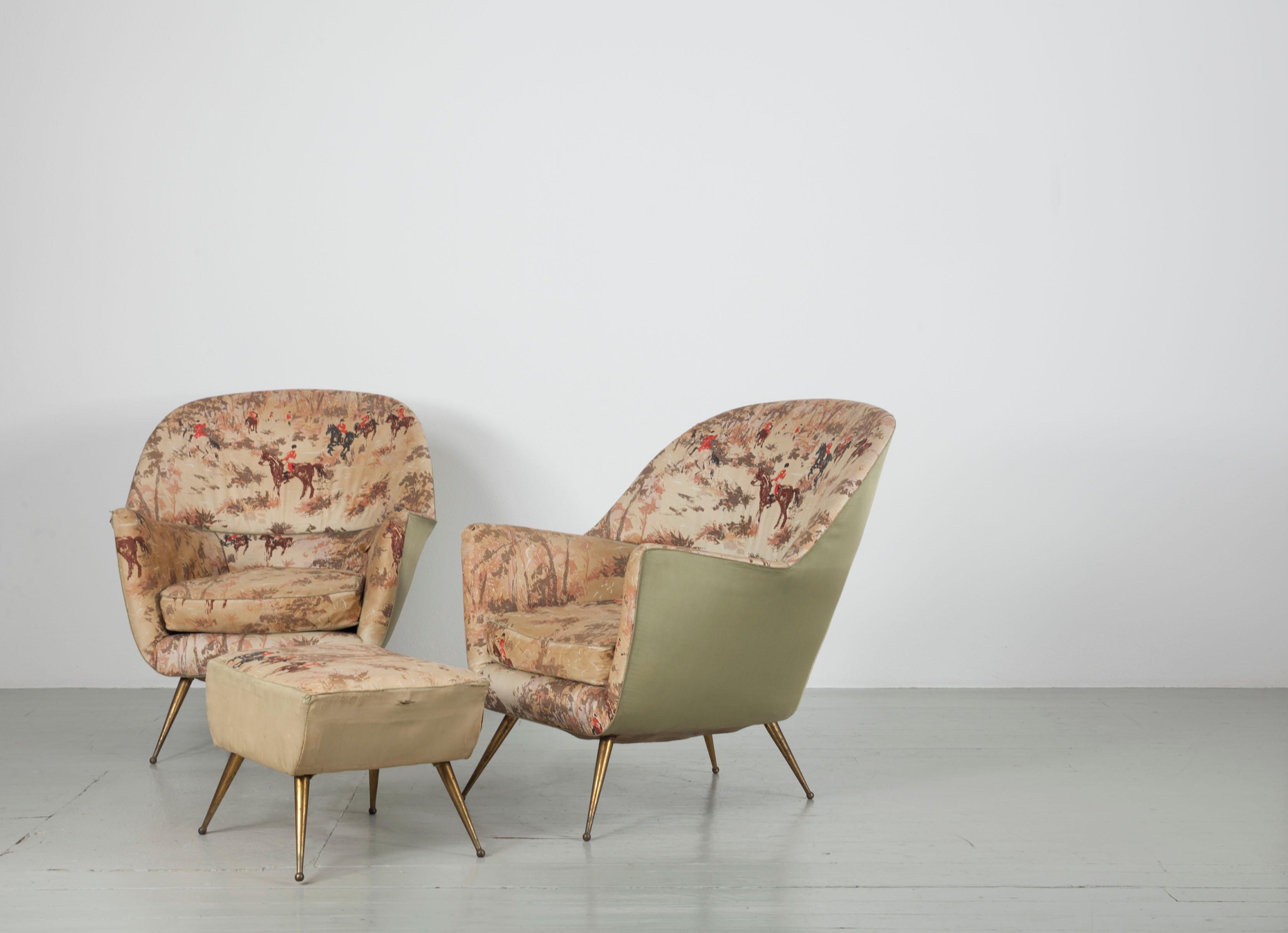 Italian Pair of Armchairs with Brass Legs and a Footrest, ISA Bergamo, 1950s 6
