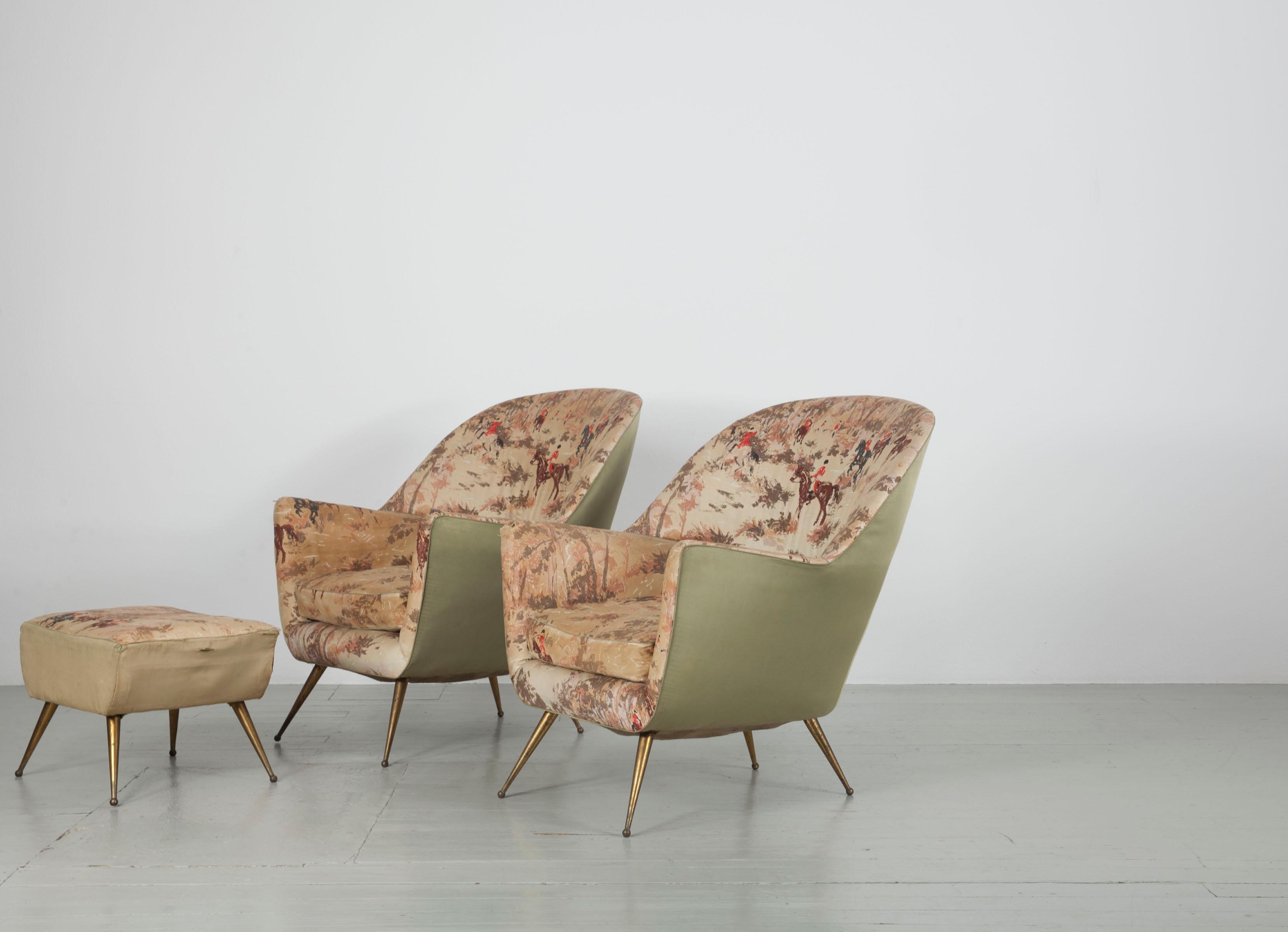 Italian Pair of Armchairs with Brass Legs and a Footrest, ISA Bergamo, 1950s 7