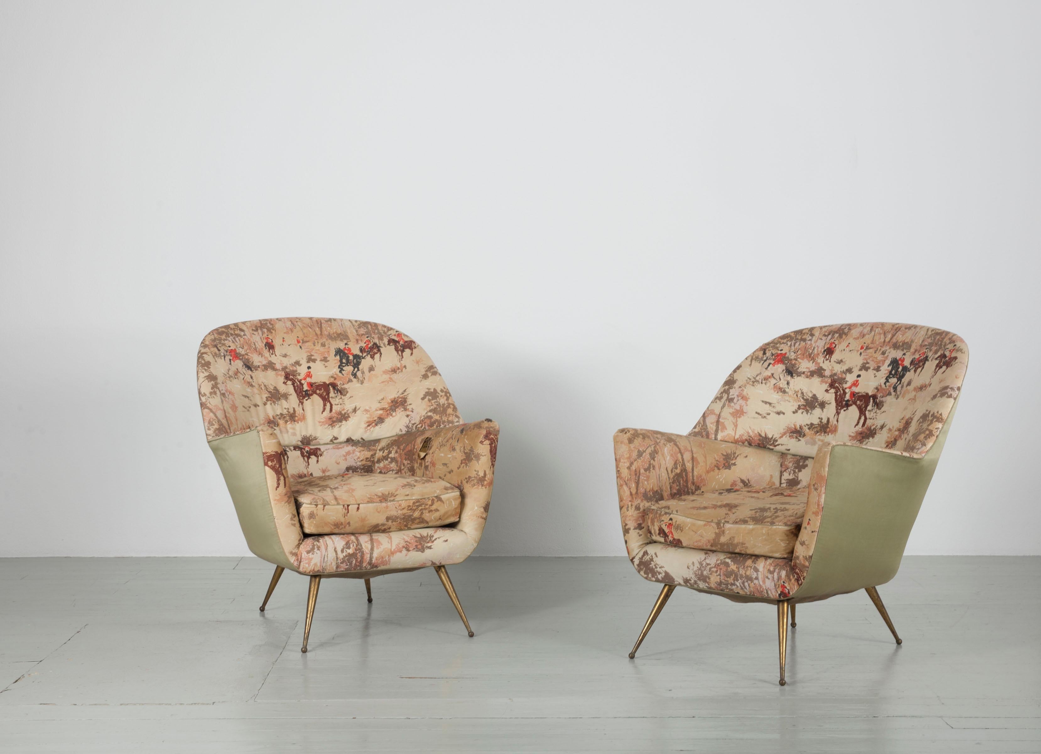 Italian Pair of Armchairs with Brass Legs and a Footrest, ISA Bergamo, 1950s 8