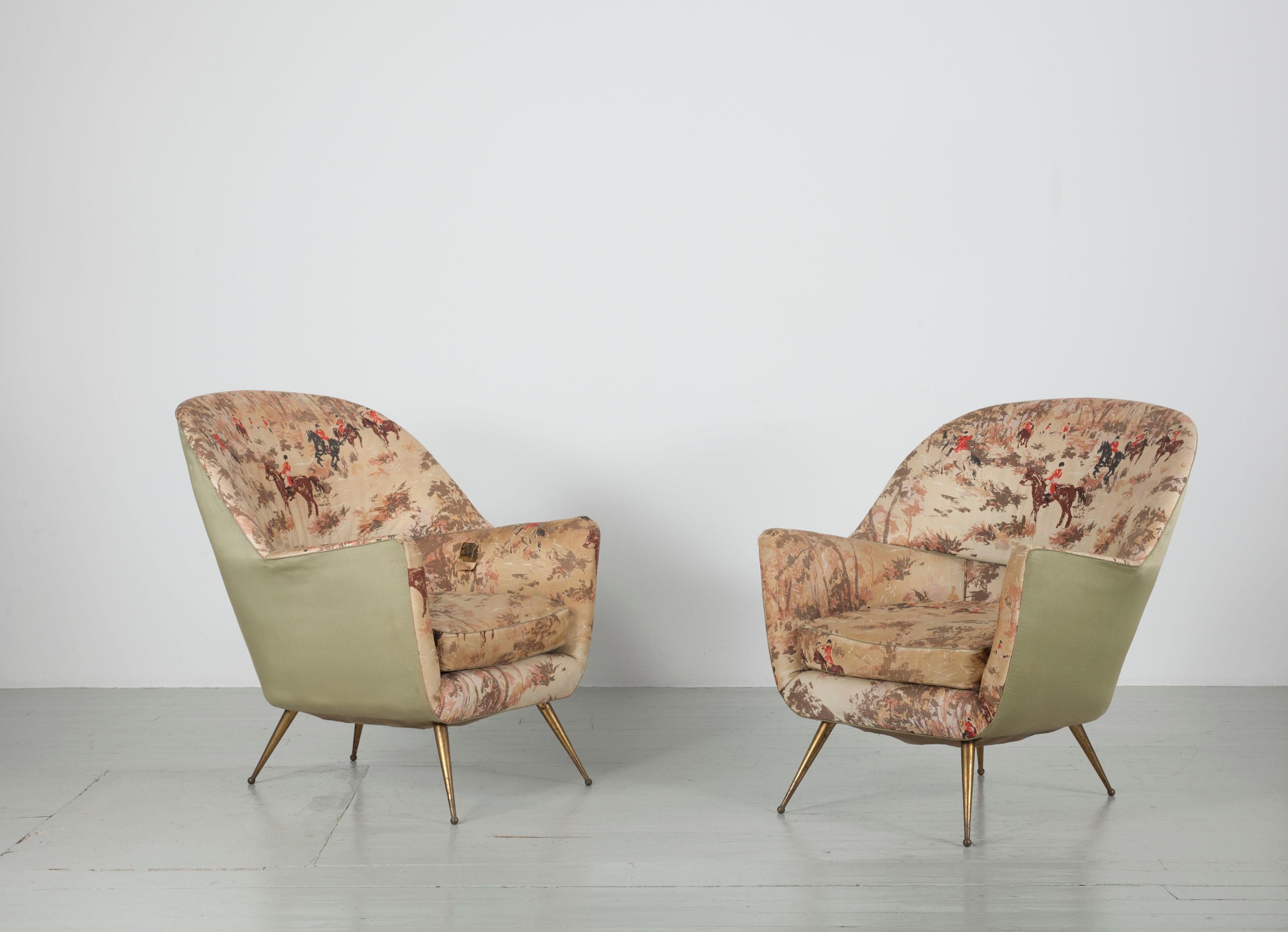 Italian Pair of Armchairs with Brass Legs and a Footrest, ISA Bergamo, 1950s 9