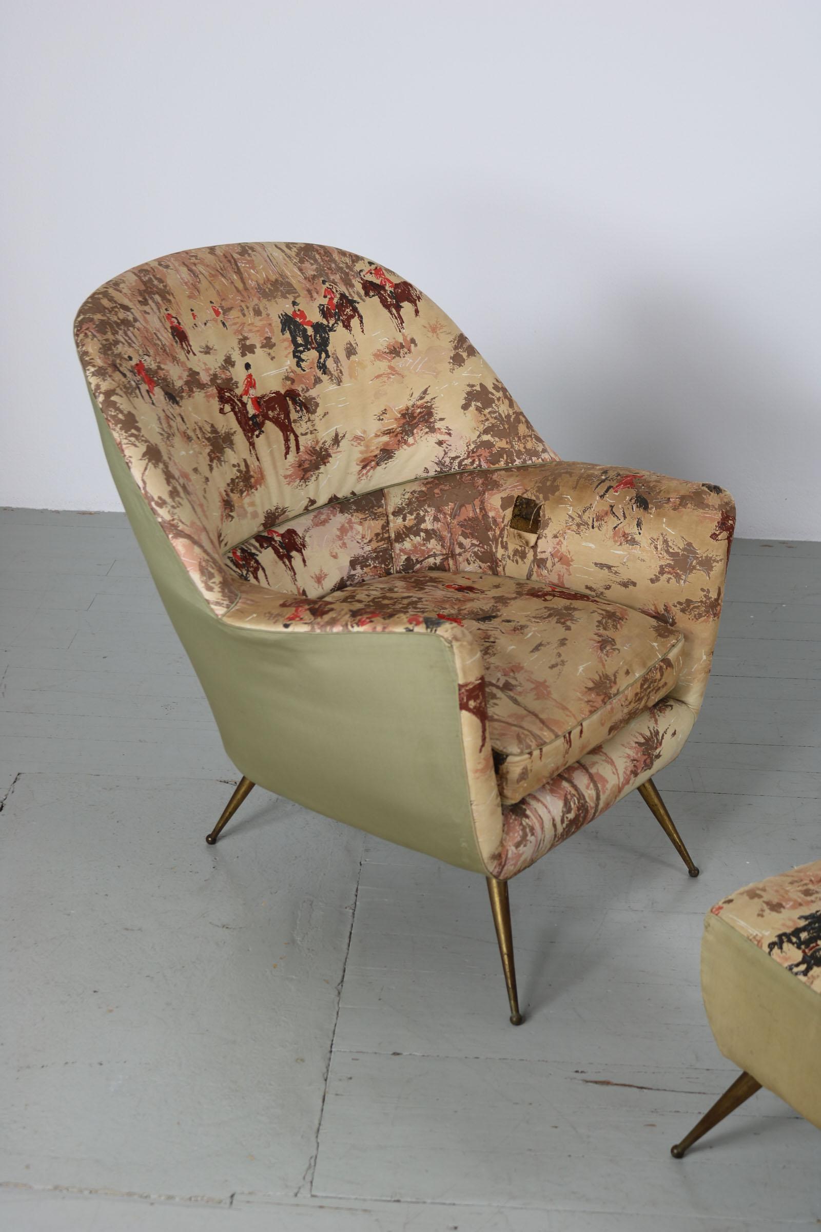 Italian Pair of Armchairs with Brass Legs and a Footrest, ISA Bergamo, 1950s 10