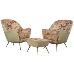 Italian Pair of Armchairs with Brass Legs and a Footrest, ISA Bergamo, 1950s