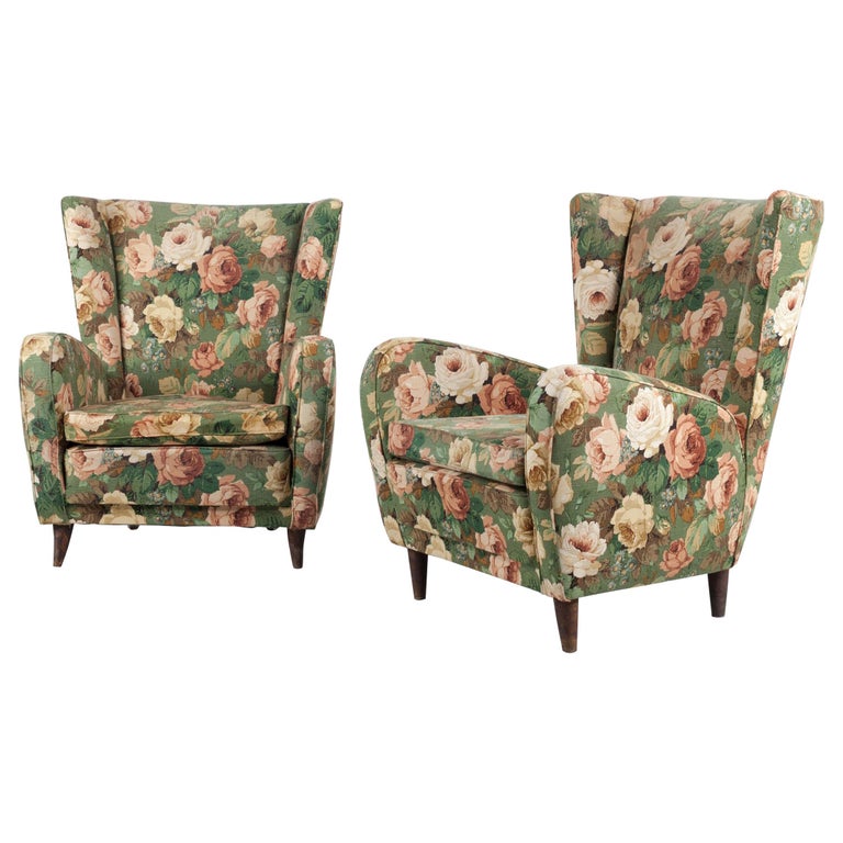 Italian Pair Of Armchairs With Floral Fabric Cover Attr Paolo Buffa 1950s For Sale At 1stdibs
