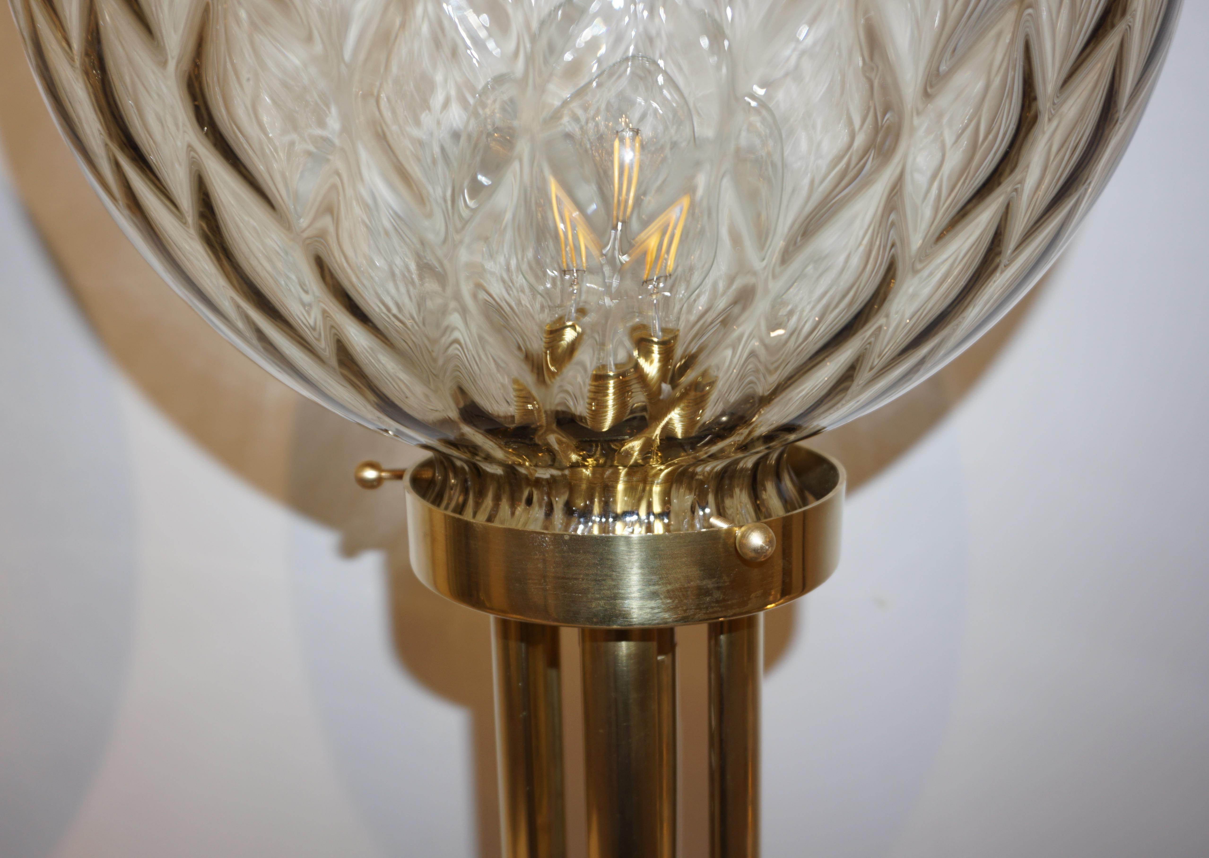 Italian Pair of Art Deco Design Amber Gold and Black Murano Glass Brass Lamps 6