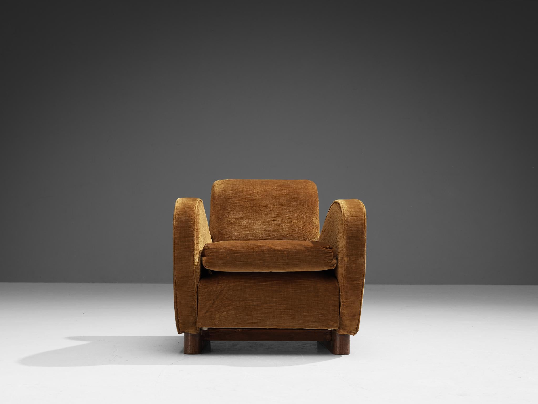 Mid-20th Century Italian Pair of Art Deco Lounge Chairs in Ocher Yellow Velvet