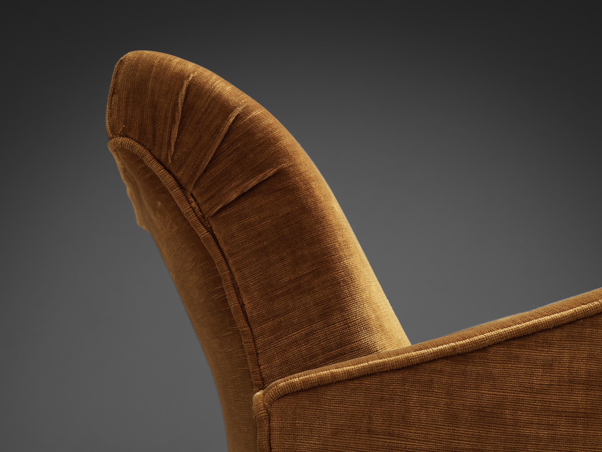 Italian Pair of Art Deco Lounge Chairs in Ocher Yellow Velvet 1
