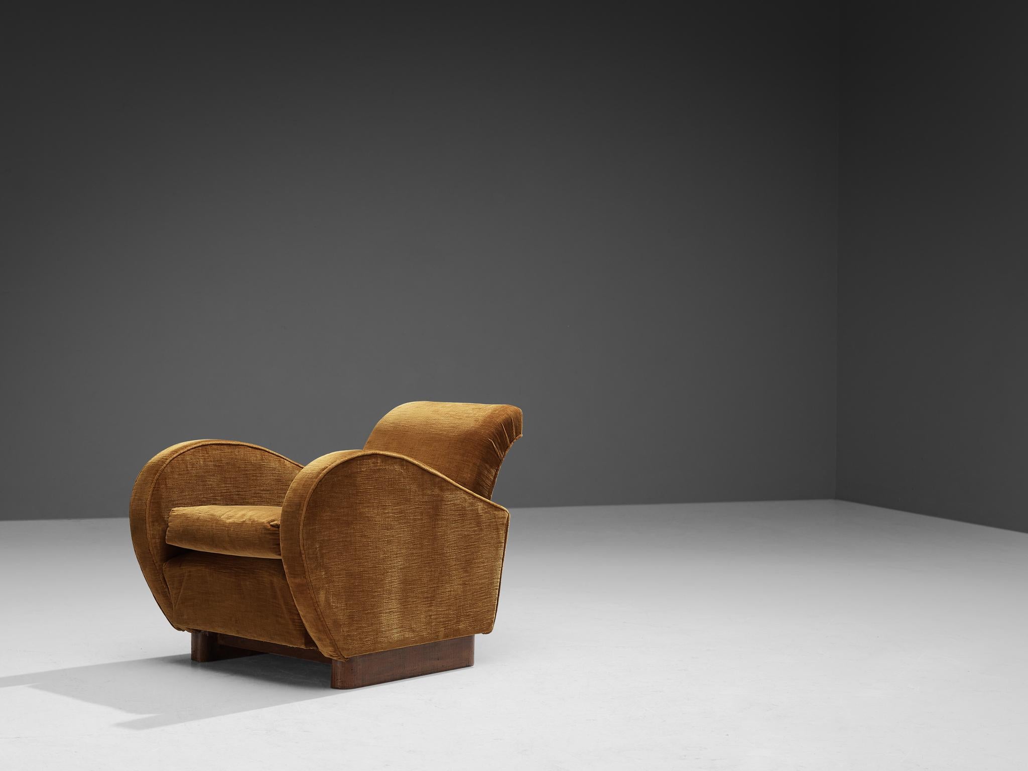 Italian Pair of Art Deco Lounge Chairs in Ocher Yellow Velvet 3